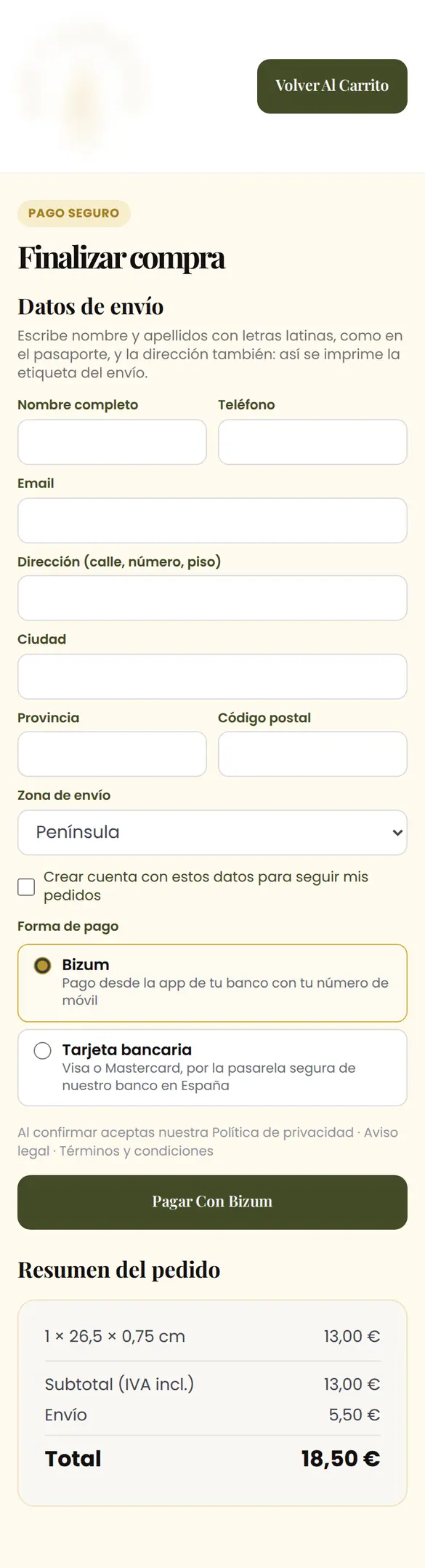 Checkout am Handy: Lieferdaten, Kontokästchen, Bizum als gewählte Zahlungsart, Karte als Alternative und die Bestellübersicht mit Versand und Summe