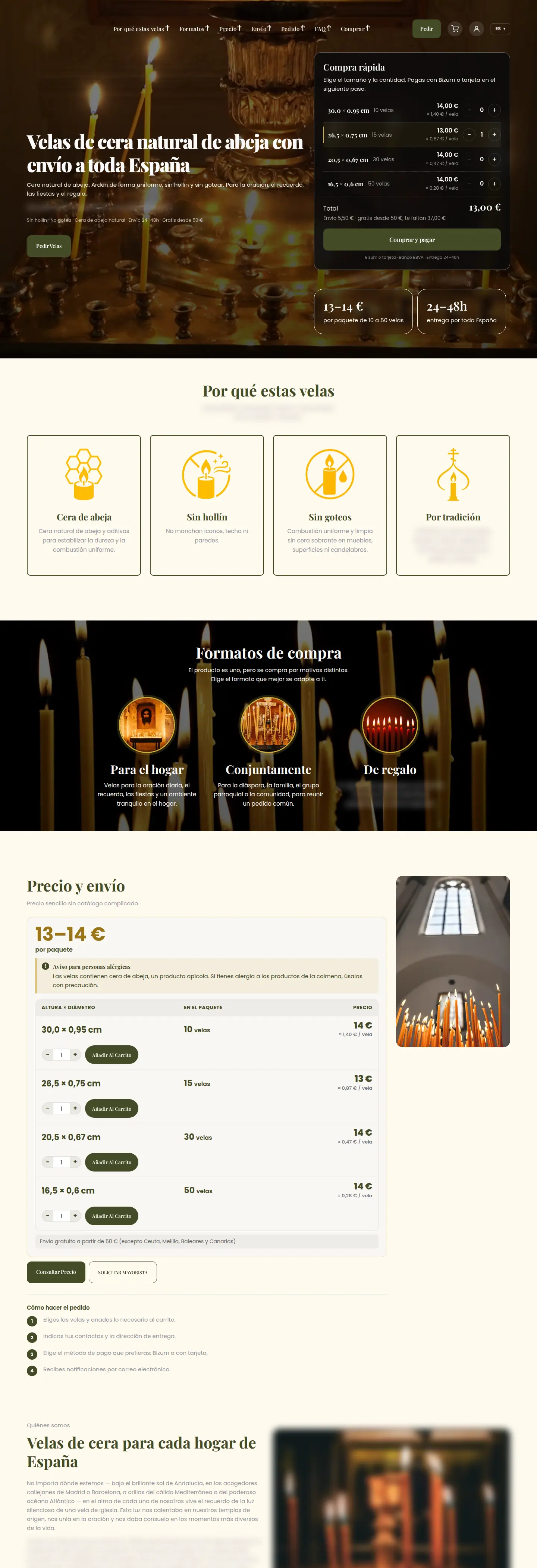 Die Startseite des Shops auf einem Desktop-Bildschirm: Bienenwachskerzen brennen in einem Messing-Kirchenständer, die Überschrift über natürliche Bienenwachskerzen mit Versand in ganz Spanien, eine Schnellkauf-Karte mit vier Kerzengrößen und Preisen und darunter der Abschnitt „Warum diese Kerzen“