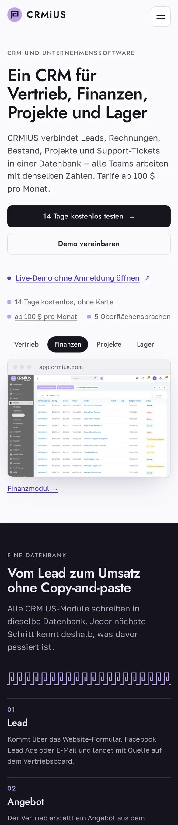 Die deutsche Startseite von crmius.com auf einem Smartphone, gleiche Struktur auf Deutsch