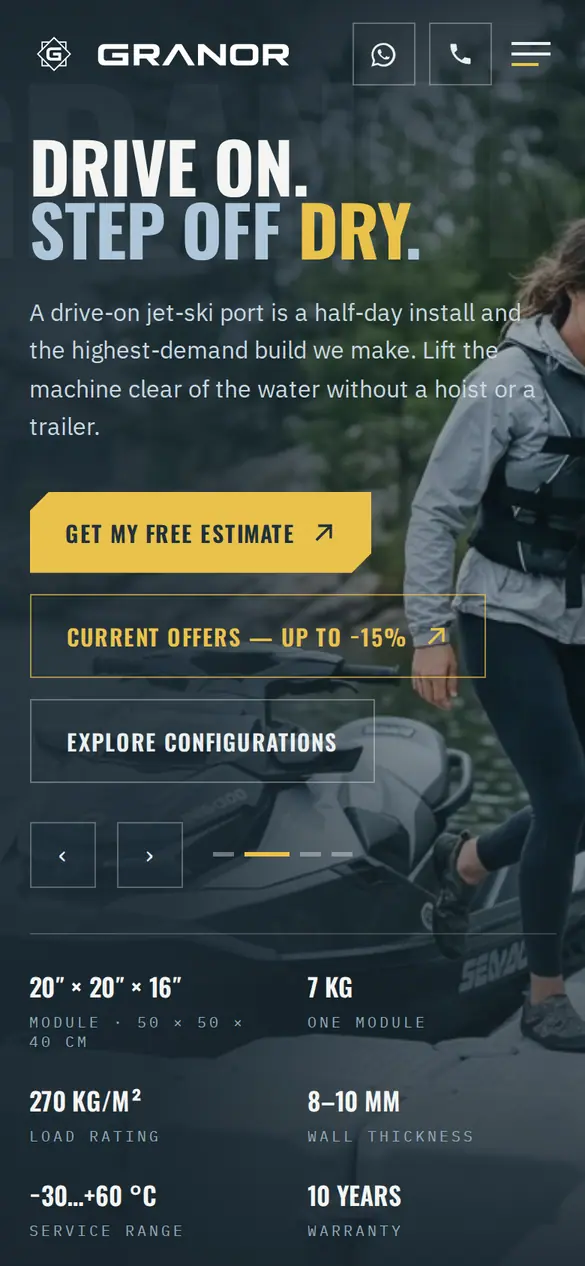 Landing page sur téléphone : titre « Drive on, step off dry », trois boutons et les chiffres du module