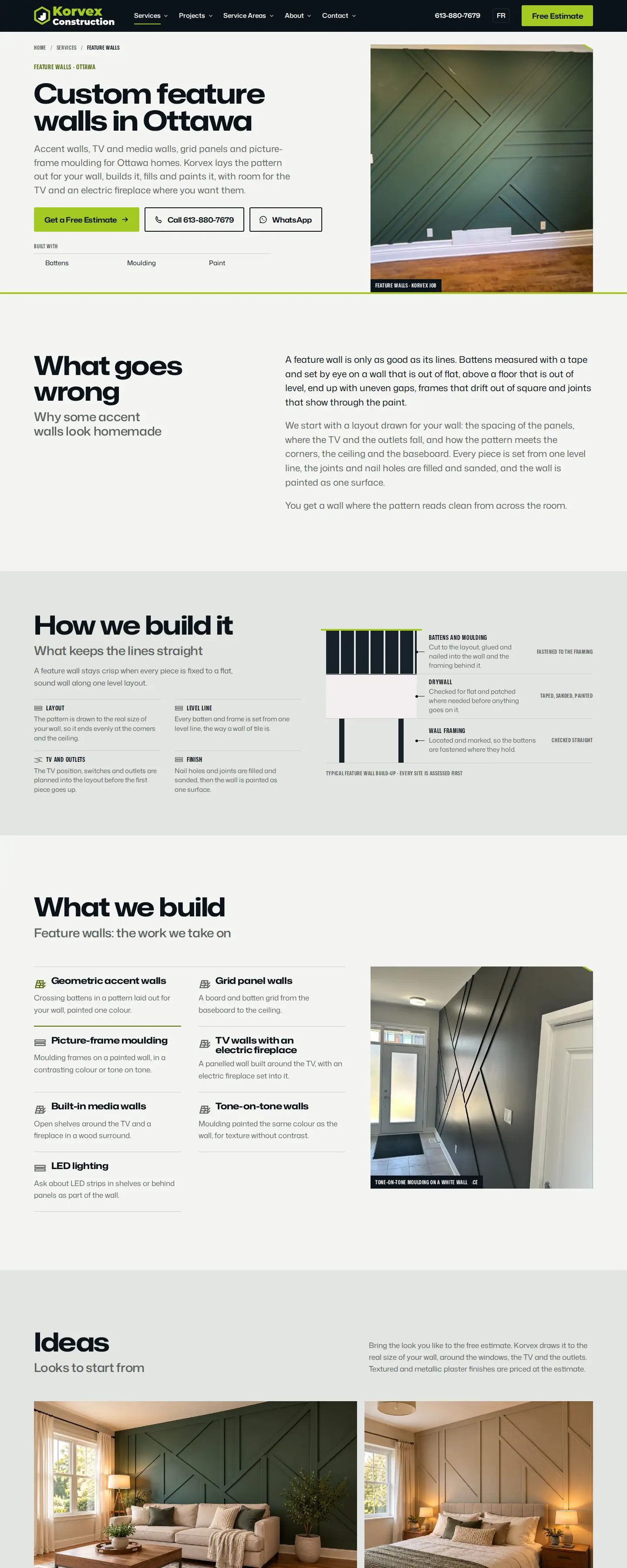 Custom feature walls in Ottawa service page on a desktop screen: green batten wall marked Korvex job, 'What goes wrong', a wall build-up diagram, the list of wall types and an ideas section