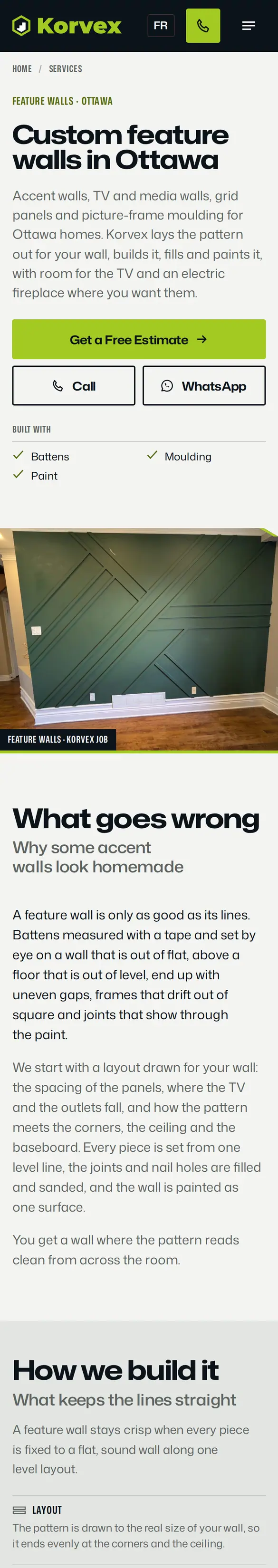 Feature walls service page on a phone: headline, estimate buttons, a green batten wall photo marked as a Korvex job and the 'What goes wrong' section