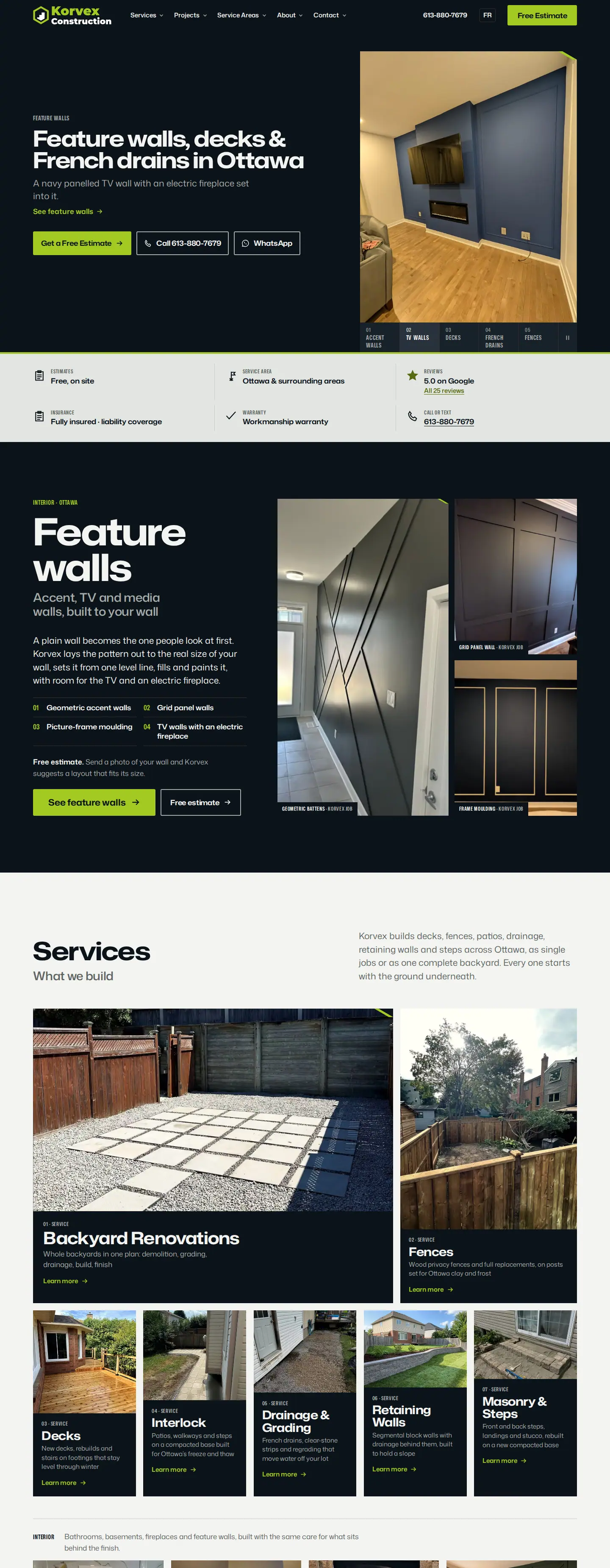 korvexconstruction.ca home page on a desktop screen: dark hero with a navy TV wall photo, trust strip, feature walls block and the services grid with deck, fence and drainage photos
