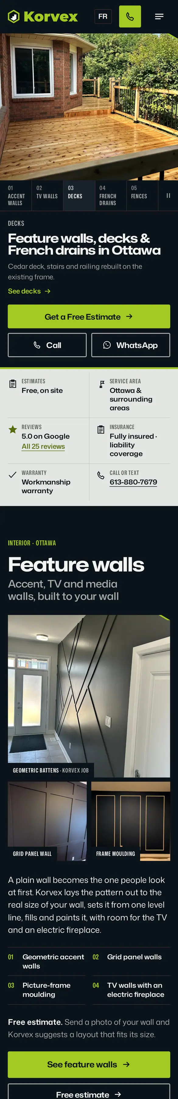 Korvex home page on a phone: deck photo with slide tabs, headline, Free Estimate, Call and WhatsApp buttons, trust tiles and the feature walls block