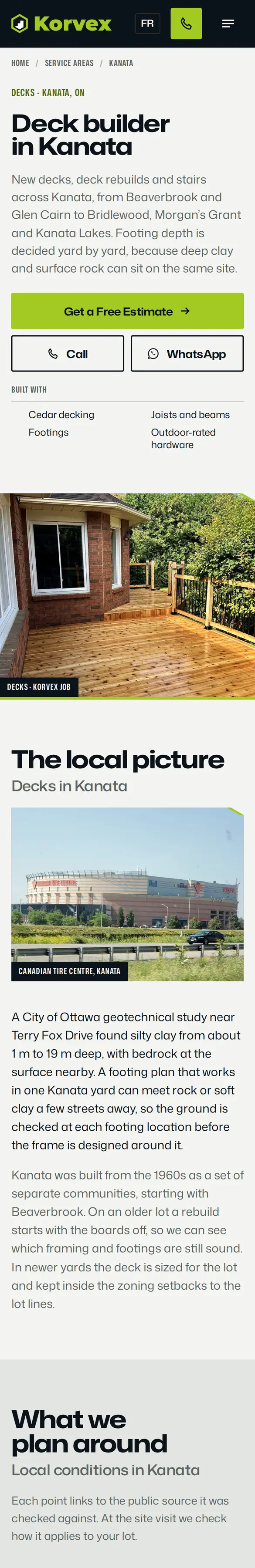 Kanata deck page on a phone: 'Deck builder in Kanata', a cedar deck photo and a local section on clay and bedrock near Terry Fox Drive