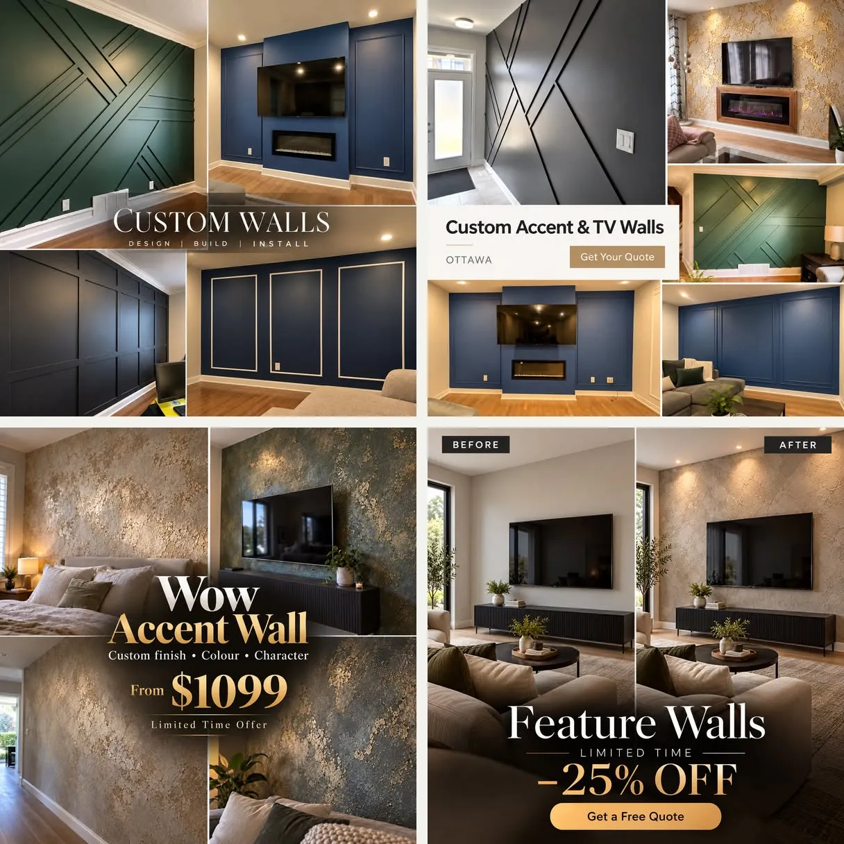 Four Meta ad creatives for Korvex feature walls: a 'Custom Walls' collage of green, navy and black panel walls, a 'Custom Accent & TV Walls' collage, a 'Wow Accent Wall from $1099' plaster ad and a before-and-after with '25% off'