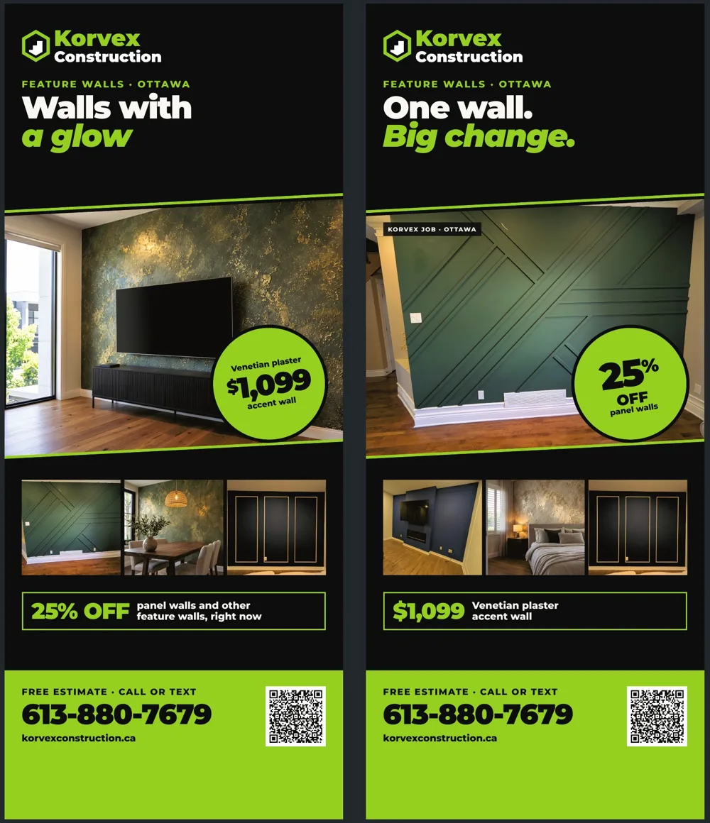 Two Korvex Construction roll-up banner designs: 'Walls with a glow' with a Venetian plaster wall and a $1,099 sticker, and 'One wall. Big change.' with a green batten wall and a 25% off sticker