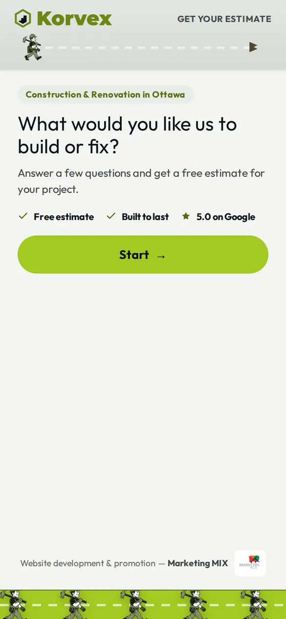 First Korvex quiz on a phone: 'What would you like us to build or fix?' with a Start button and a mascot progress road