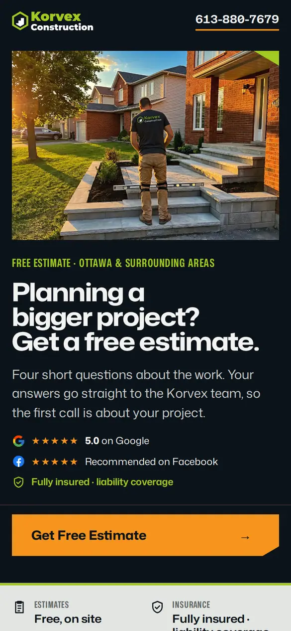 Premium quiz on a phone: crew member in a Korvex shirt on new front steps, headline 'Planning a bigger project? Get a free estimate.' and an orange button