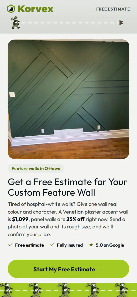 Feature-wall quiz on a phone: green geometric batten wall, Venetian plaster offer at $1,099 and 25% off panel walls