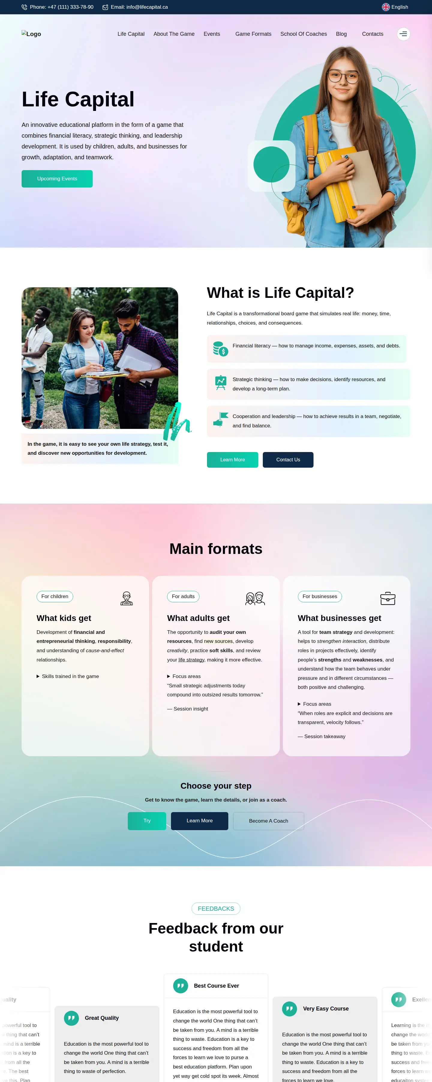 Die frühere Startseite von lifecapital.ca: Pastell-Theme, ein defektes Logo, Platzhalter-Telefonnummer und ein Block „Feedback from our student“ mit Beispieltext
