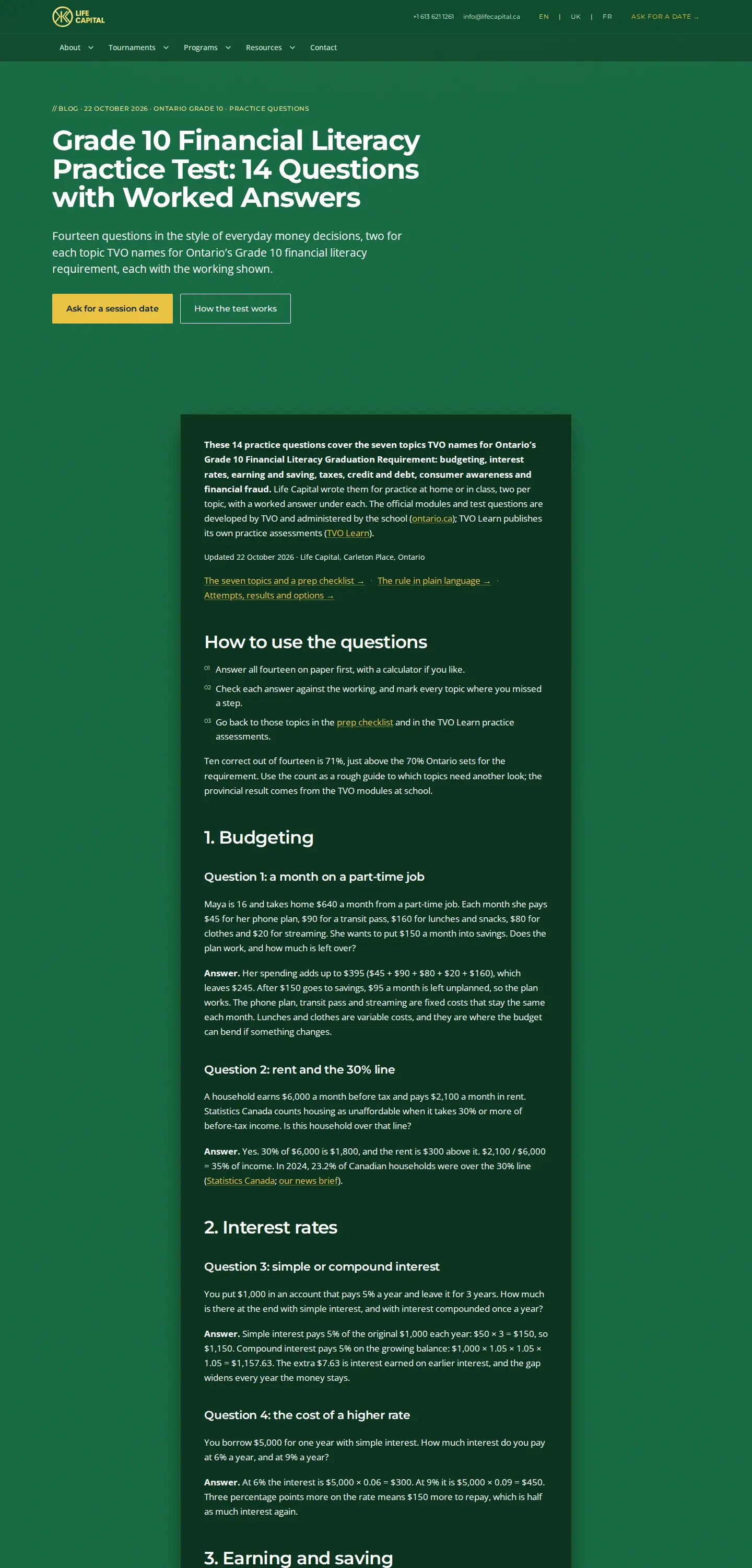 Blogartikel „Grade 10 Financial Literacy Practice Test: 14 Questions with Worked Answers“ auf einem Desktop-Bildschirm, mit Einleitung, Schritten zur Nutzung und den ersten zwei Fragen