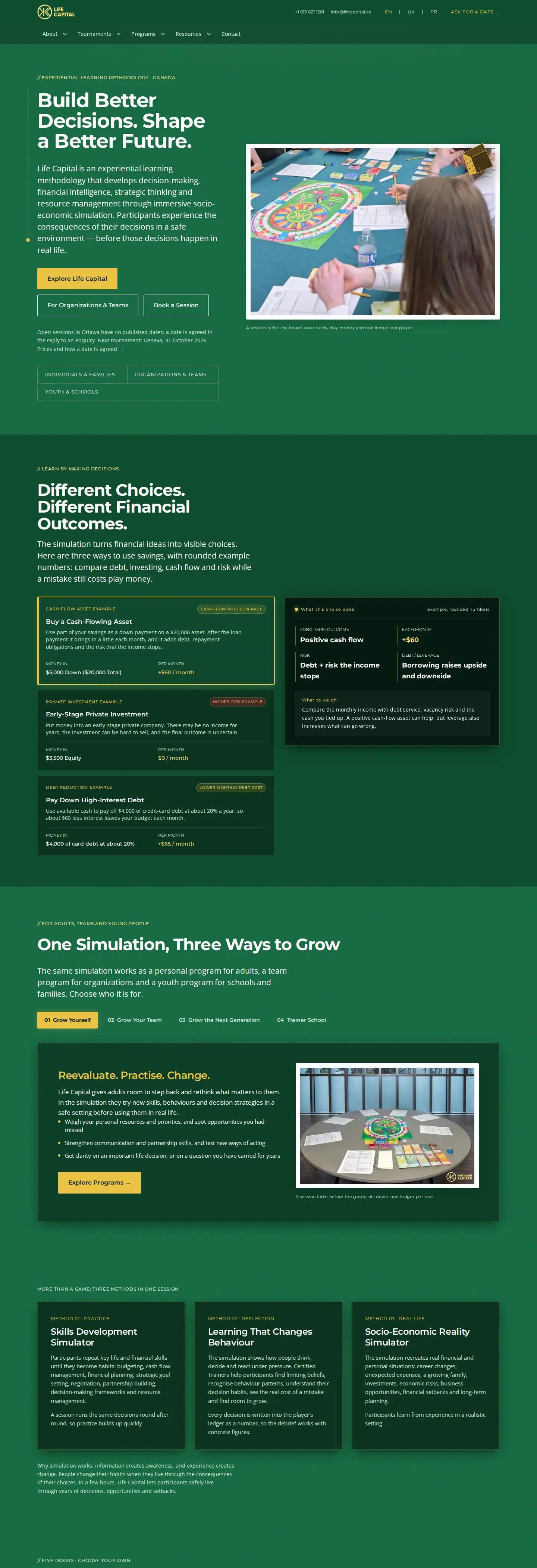 Die aktuelle Startseite von lifecapital.ca: dunkelgrünes Theme, die Überschrift „Build Better Decisions“, drei durchgerechnete Spar-Beispiele und die Programm-Tabs
