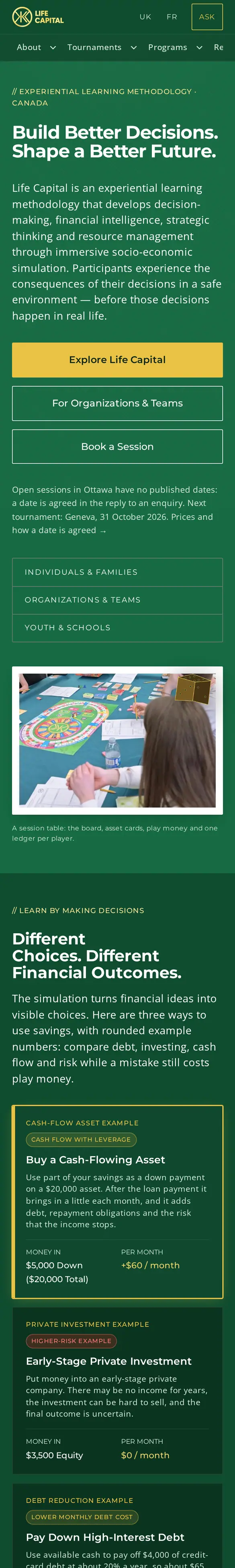 Startseite von lifecapital.ca auf einem Handy mit 390 Pixeln Breite: Überschrift, drei Buttons und die durchgerechneten Spar-Beispiele