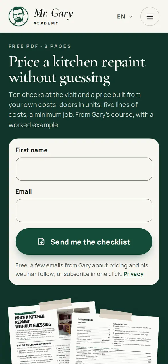 Checklist sign-up page on a phone: headline Price a kitchen repaint without guessing, first name and email fields and a button Send me the checklist