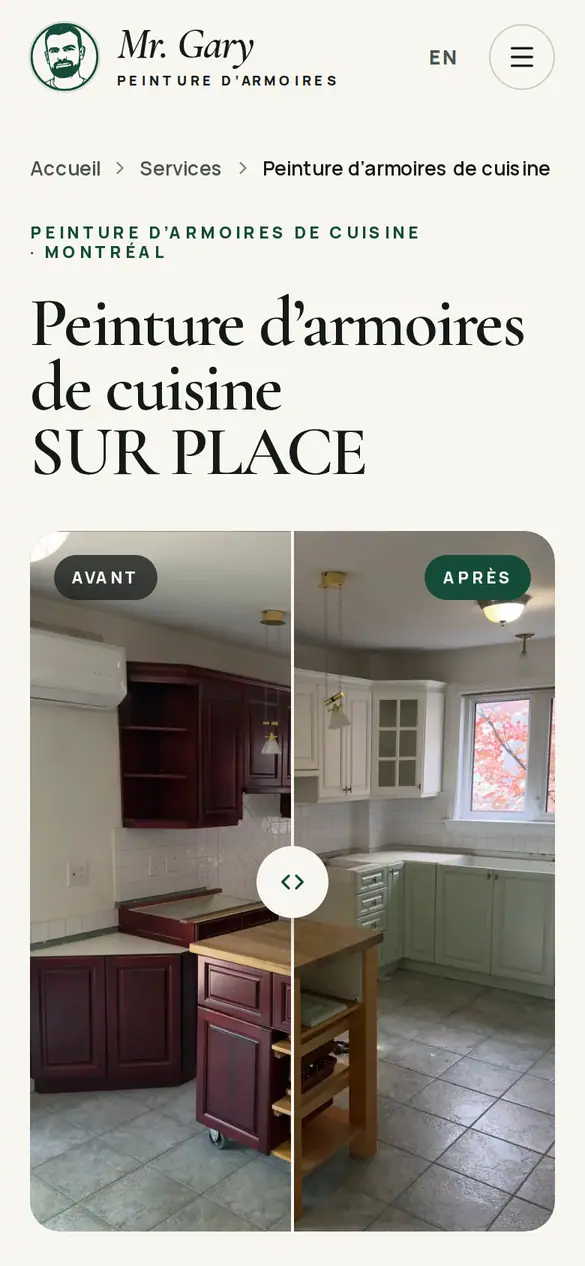 French service page Peinture d'armoires de cuisine sur place with an Avant and Après slider of a cherry kitchen