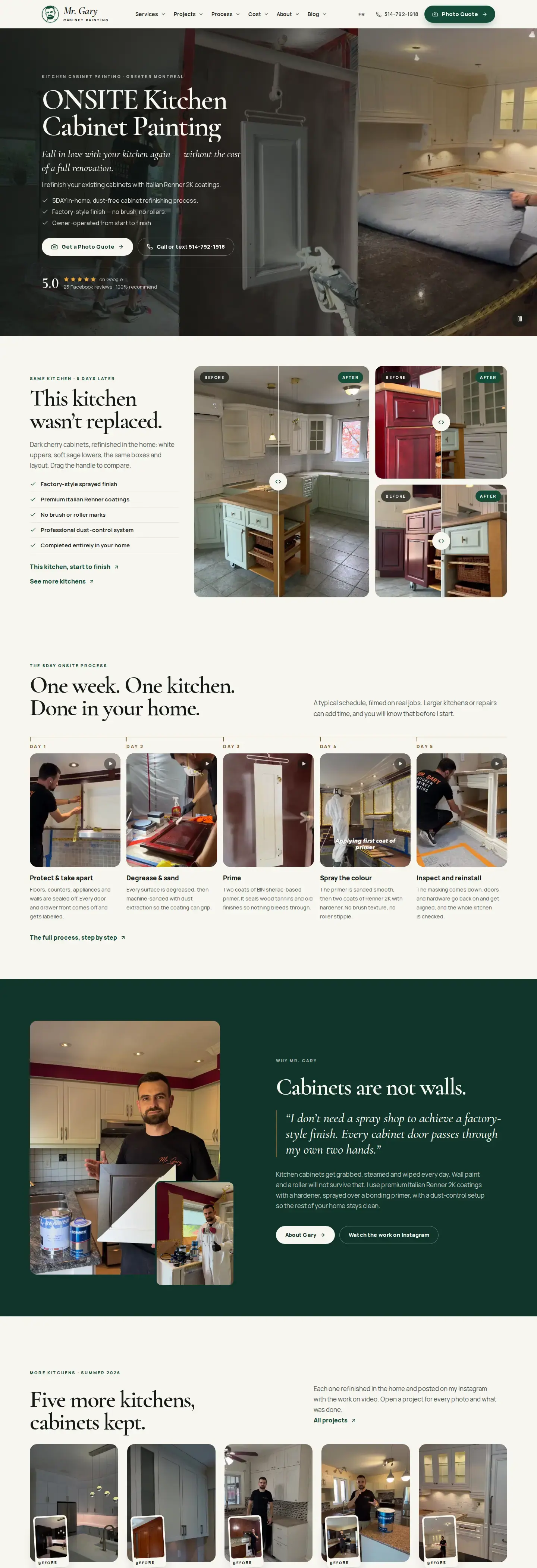 Home page of the new Mr. Gary site on a desktop: dark hero with a sprayed cabinet door, before-and-after sliders of a cherry kitchen painted white and sage, a five-day process strip and a section with the owner holding a half-painted door