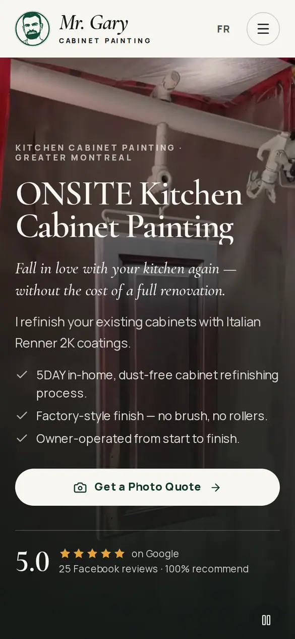New site home on a phone: headline Onsite Kitchen Cabinet Painting, three bullet points and a Get a Photo Quote button over a dark video background