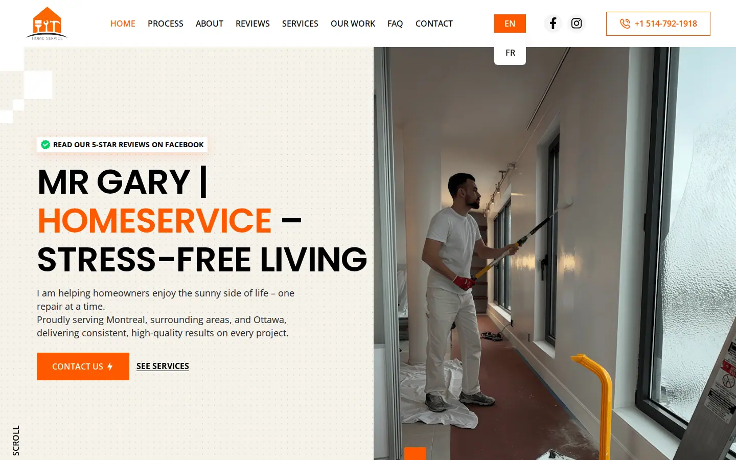 mrgary.ca home page on a desktop: headline Mr Gary Homeservice, a photo of the owner painting a wall with a roller and links to services