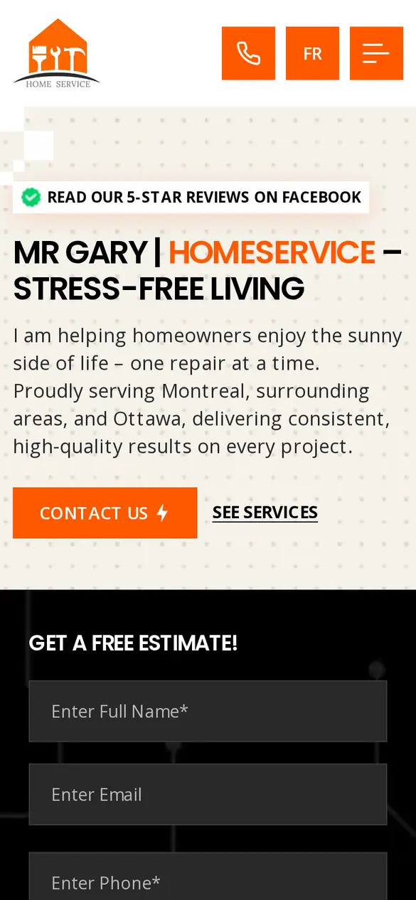 mrgary.ca landing page on a phone: orange logo, headline about stress-free living and a black free-estimate form with name, email and phone fields