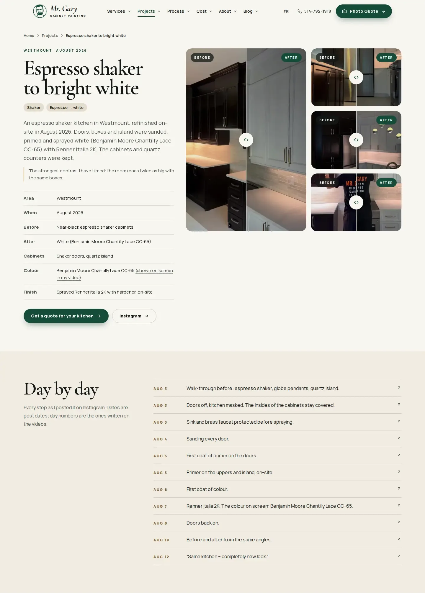 Project page Espresso shaker to bright white: before-and-after sliders of a dark kitchen painted white, a table of area, month, colour and finish, and a day-by-day list of Instagram posts from 3 to 12 August