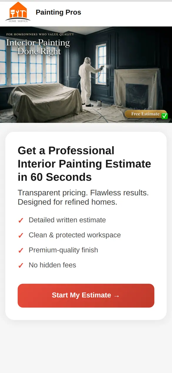 Phone screen of the estimate quiz: a painter in a protective suit spraying a living room, a headline promising an interior painting estimate in 60 seconds and a red Start button