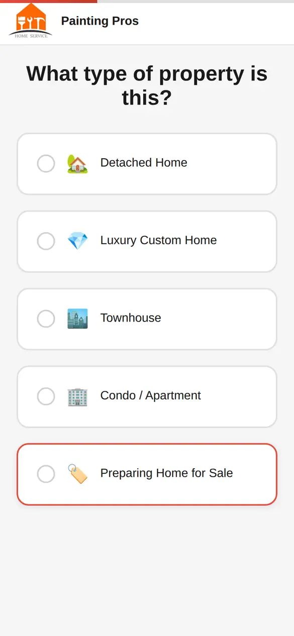 Quiz screen asking what type of property it is, with five large answer buttons from detached home to preparing a home for sale