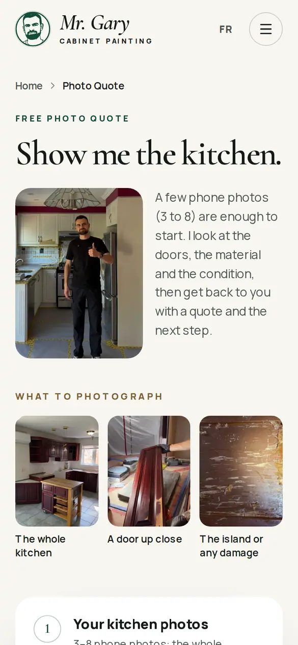 Photo quote page on a phone: headline Show me the kitchen, a photo of the owner in a kitchen and three example photos to send