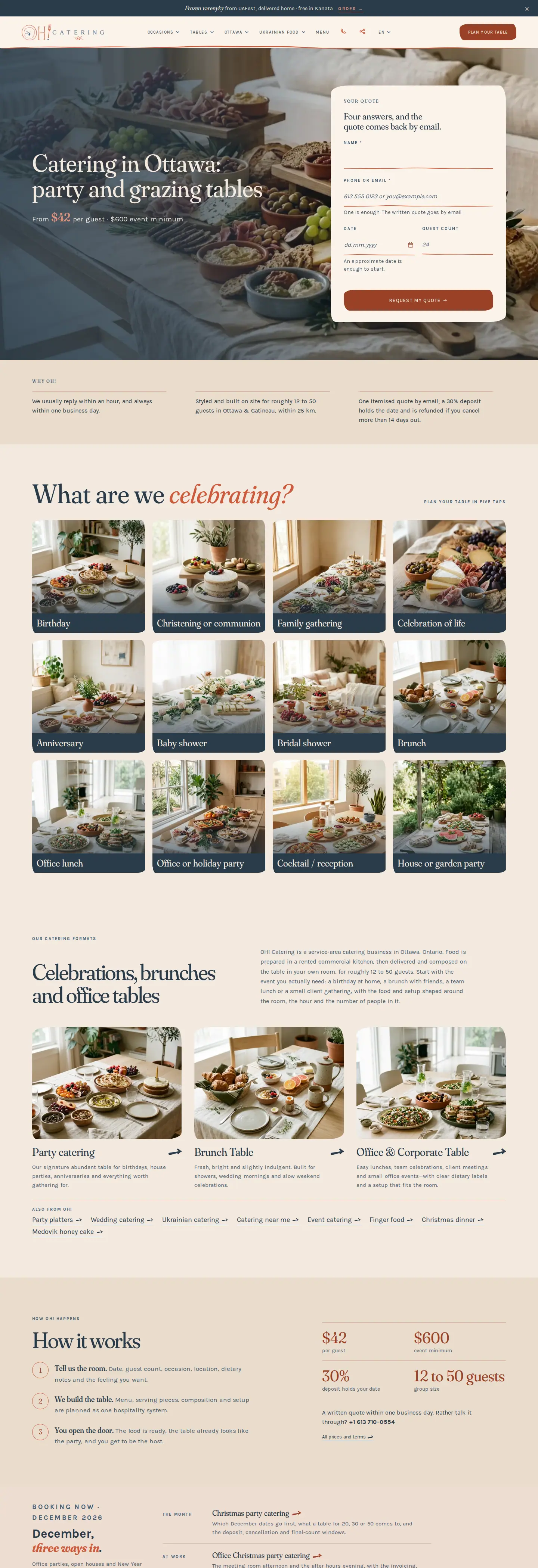 ohcatering.ca home page on a desktop screen: headline Catering in Ottawa, party and grazing tables, quote form on the right, occasion tiles below