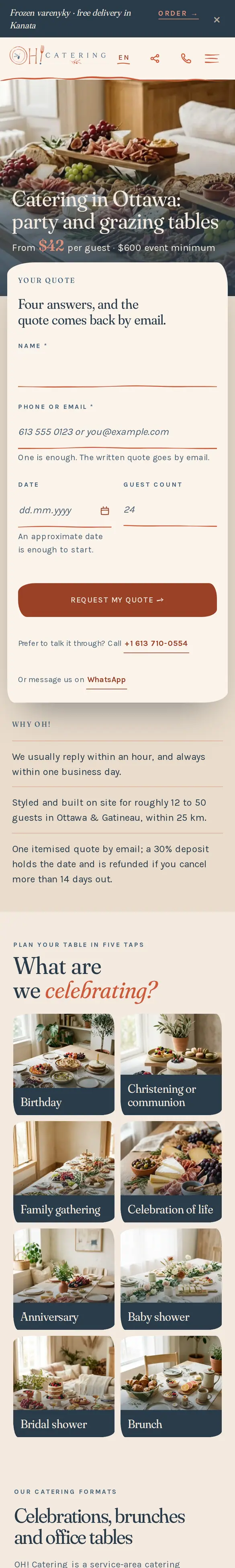 ohcatering.ca home page on a phone: headline, price line and quote form above the fold