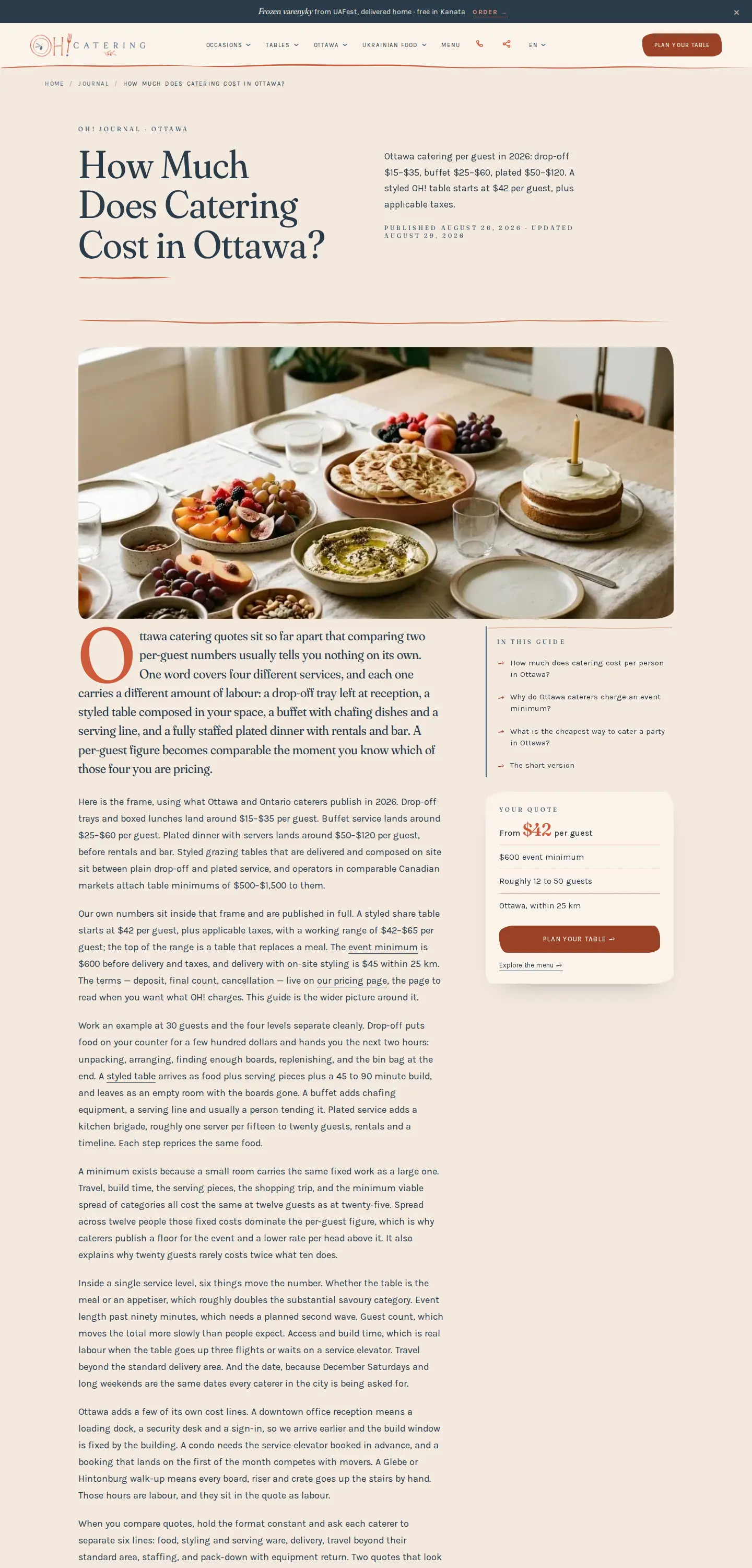 Journal article How Much Does Catering Cost in Ottawa, with per-guest ranges by service type and a price card on the right