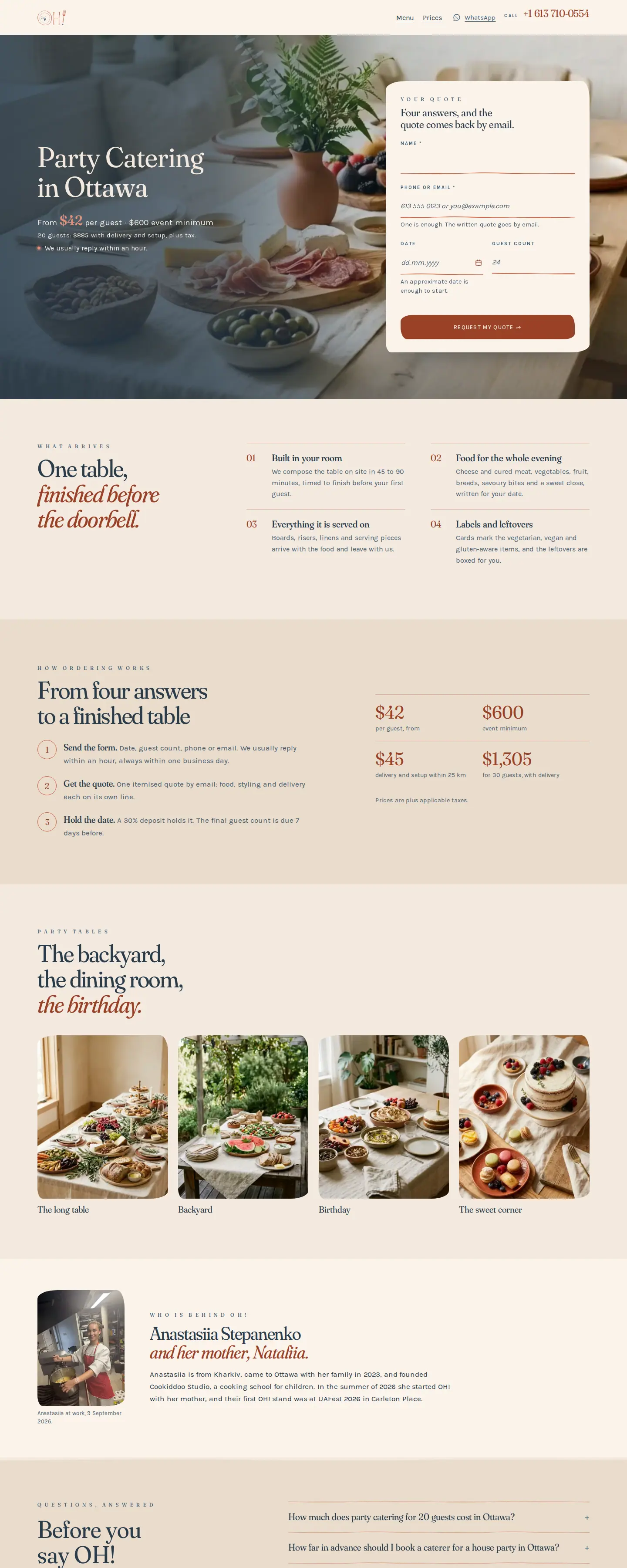 Party Catering in Ottawa landing page on desktop with the 20-guest total, quote form and what-arrives section