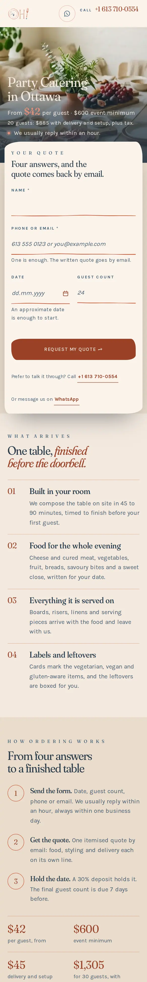 Party catering landing page on a phone showing the 20-guest total and the quote form