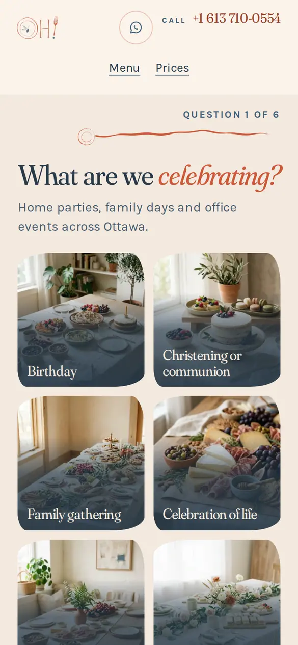 First screen of the planning quiz on a phone: question 1 of 6, What are we celebrating, with occasion tiles