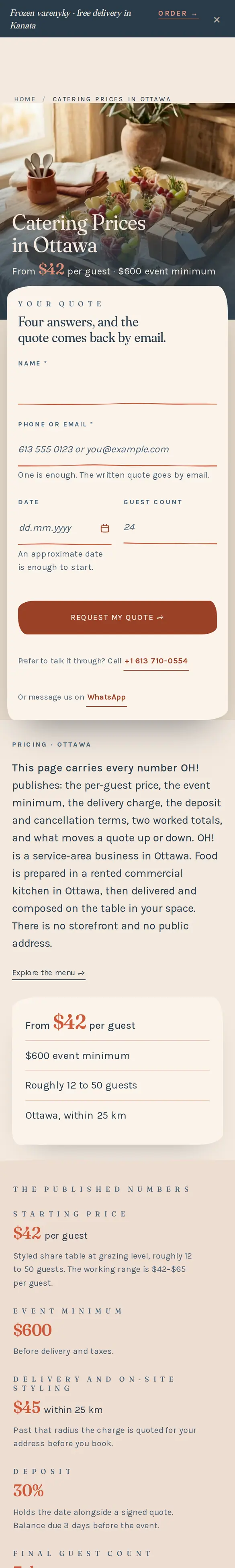 Catering prices in Ottawa page on a phone listing the per-guest price, minimum, delivery charge and deposit