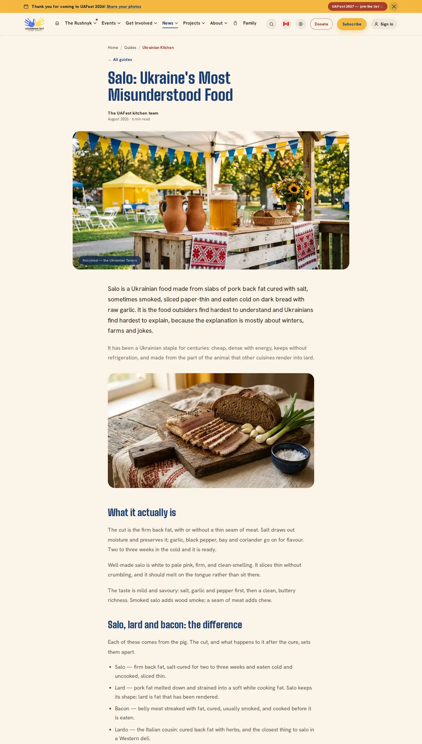 uafest.ca guide explaining salo, with photographs and a comparison of salo, lard and bacon