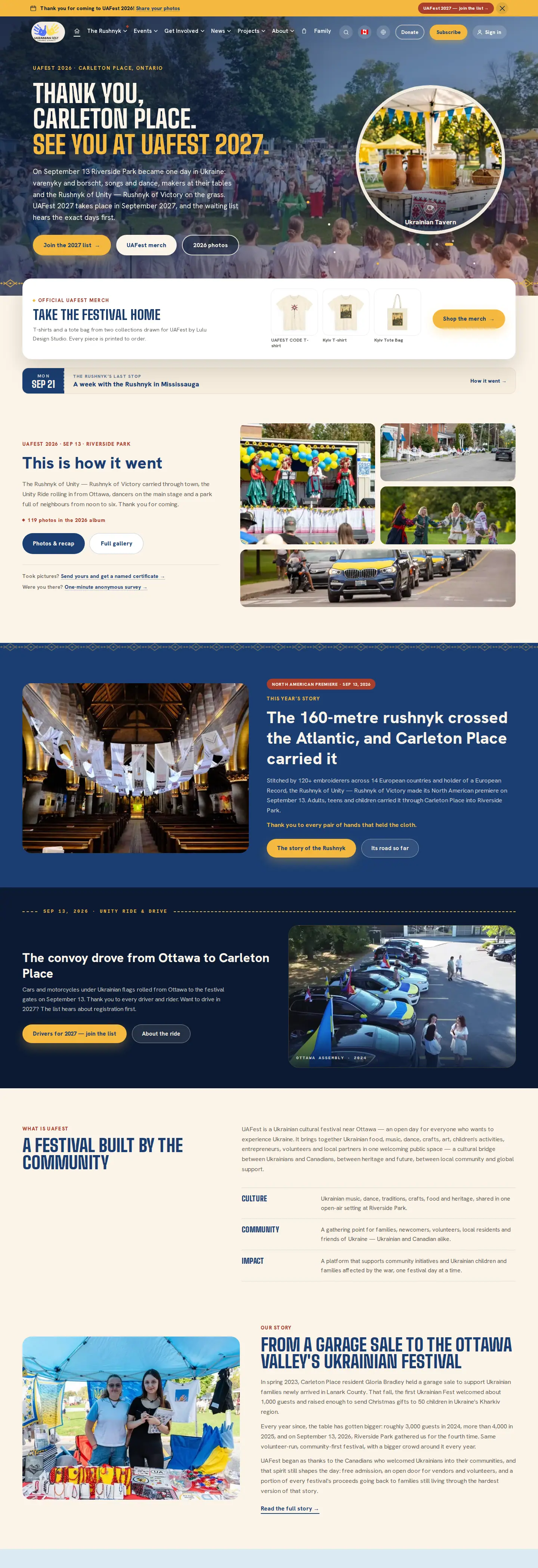 uafest.ca home page after the festival: thank-you hero, merch strip, photo recap, the Rushnyk story and the convoy section