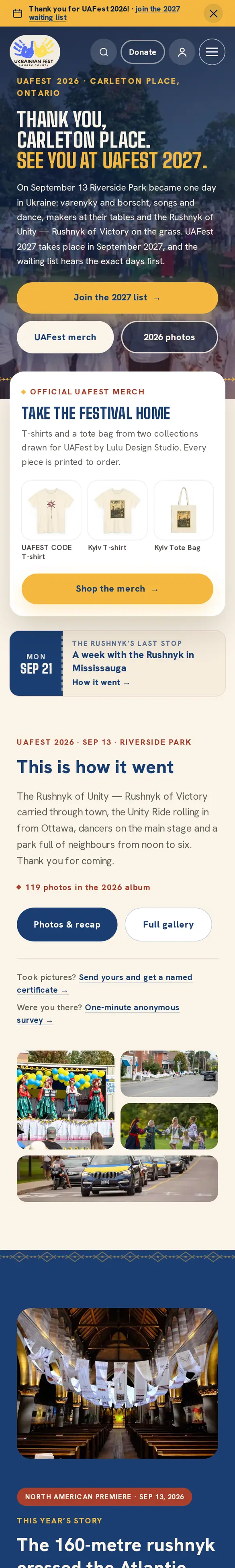 uafest.ca home page on a phone with the 2027 waiting-list button first