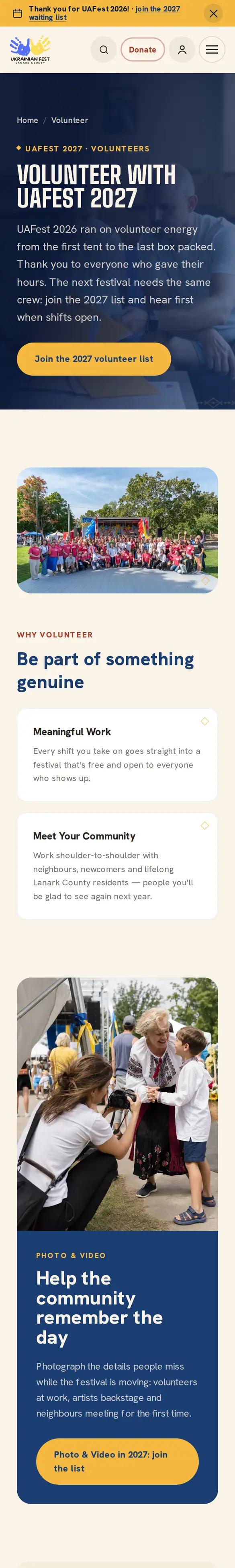 Volunteer page on a phone inviting people to the 2027 volunteer list