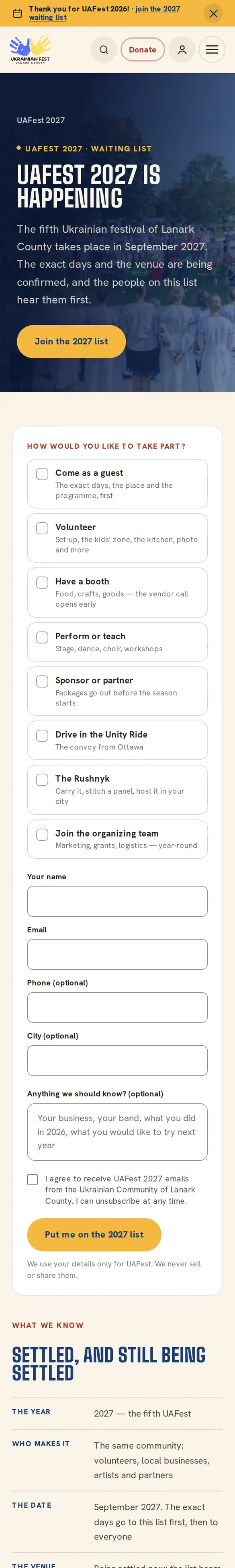 UAFest 2027 waiting-list form on a phone with eight ways to take part