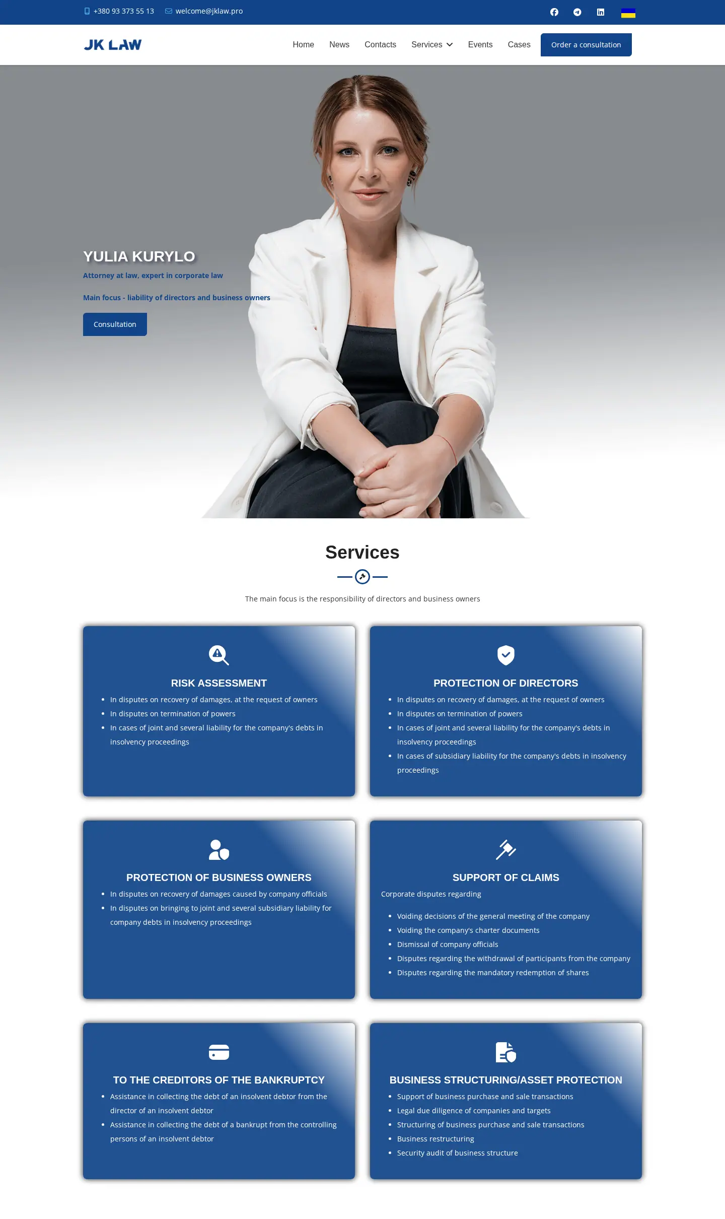 jklaw.pro English home page on a desktop: a portrait of the attorney in a white jacket next to her name and a Consultation button, then six dark blue cards for practice areas from risk assessment to business structuring
