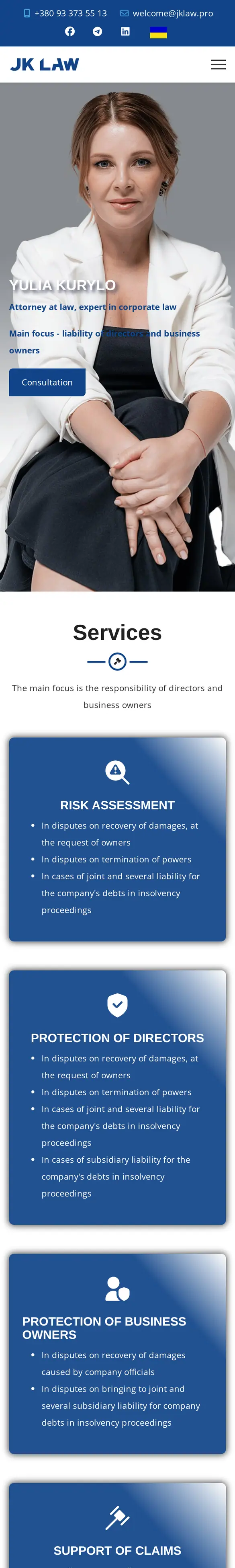 jklaw.pro home page on a phone: contact bar with phone and e-mail, the attorney's portrait with her name and a Consultation button, then the Services heading and the first practice cards
