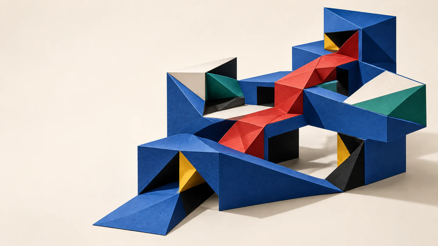 Folded-paper web architecture joined by a red route